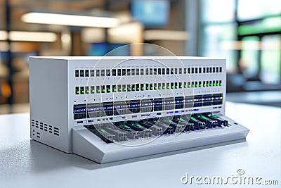 Close up of a fiber patch panel with multiple connections visualizing network management data transfer and secure communication Cartoon Illustration