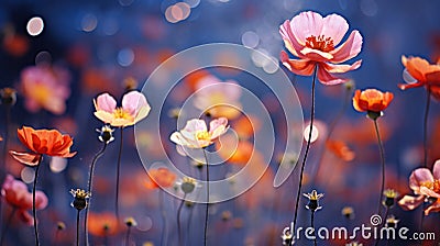 A close up of a field full of orange and pink flowers, AI Stock Photo