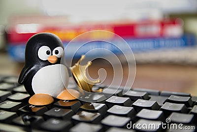 Close-up of a figure of Tux, symbol of Linux Free Software Editorial Stock Photo