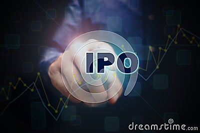 Close up finger pointing into the ipo text with initial public o Stock Photo