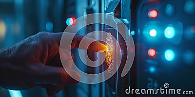 A close-up of a fingerprint scanner unlocking access to a secure digital document vault. Stock Photo