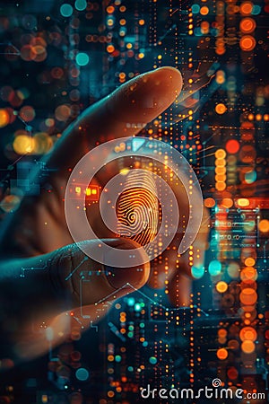 Close-up of a fingertip touching a digital fingerprint scanner interface with futuristic glowing cyber data and numerical code Stock Photo