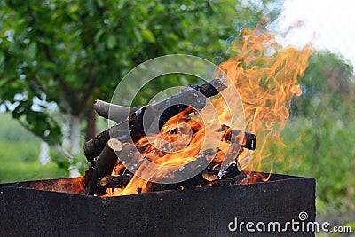 Close up of fire on chargrill. Dry sticks smoulder. Concept of cooking on grill Stock Photo