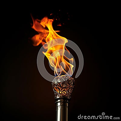 Close up fire torch vivid flames pierce the black, mesmerizingly dynamic Stock Photo
