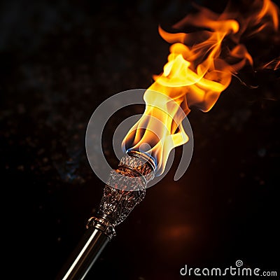 Close up fire torch vivid flames pierce the black, mesmerizingly dynamic Stock Photo