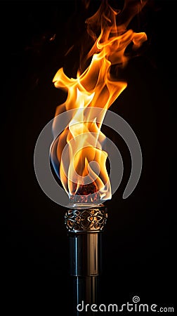 Close up fire torch vivid flames pierce the black, mesmerizingly dynamic Stock Photo