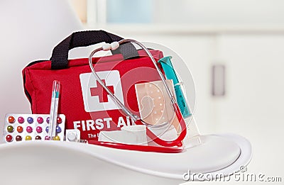 Close-up of a first aid kit in a medical center Editorial Stock Photo