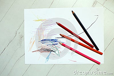 Close-up - The first child`s drawing in life Stock Photo