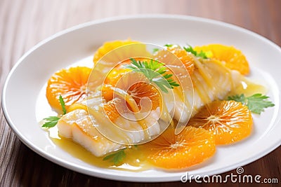 close up of fish fillet glazed with tangerine sauce Stock Photo