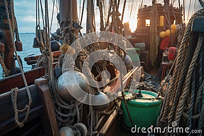 close-up of fishing boats equipment and rigging at sea Stock Photo