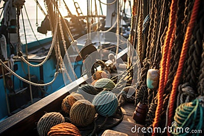 close-up of fishing boats equipment and rigging at sea Stock Photo