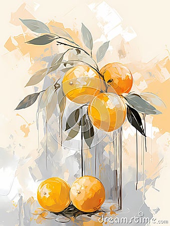 A Painting Of Oranges On A Branch Stock Photo