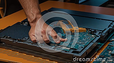 close-up of computer inside, computer board background, pc board, mainboard fixer, close up of computer circuit board Stock Photo