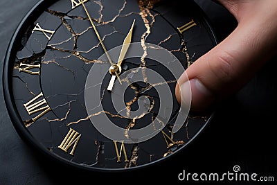A close-up of flat black color clock on a man's hand breaking into pieces. Stock Photo