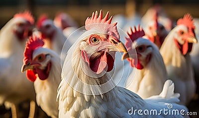 Close-up of a Flock of White Chickens with Bright Red Combs in a Farmyard Stock Photo