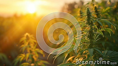 Close-up of a flowering cannabis plant at sunset on a hemp farm, suitable for content on agriculture, medical cannabis Cartoon Illustration