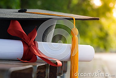 Close up focus of university graduate holds degree certificate and graduation cap celebrates in the graduation ceremony. Stock Photo