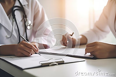 Close Up From Focused Doctor And Attentive Patient Discuss Medical Notes Together And Discussing Treatment - Generative AI Stock Photo