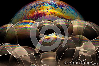 Close-up footage of a soap multiple bubbles with colorful surfac Stock Photo