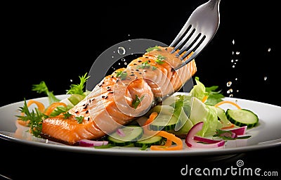 Close-up of fork with food on it: delicious fillet salmon, cucumber, onion, green salad isolated on dark background Stock Photo