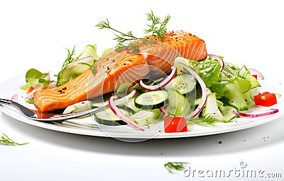 Close-up of fork with food on it: delicious fillet salmon, cucumber, onion, green salad isolated on white background Stock Photo