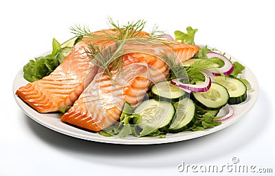 Close-up of fork with food on it: delicious fillet salmon, cucumber, onion, green salad isolated on white background Stock Photo