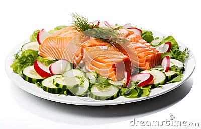 Close-up of fork with food on it: delicious fillet salmon, cucumber, onion, green salad isolated on white background Stock Photo