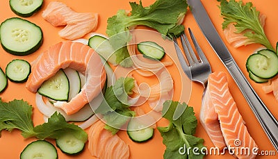 Close-up of fork with food on it: delicious fillet salmon, cucumber, onion, green salad on orange Stock Photo