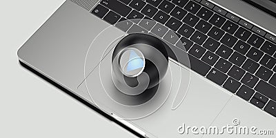 Close up of fortune teller magic ball on laptop, 3d rendering. Editorial Stock Photo