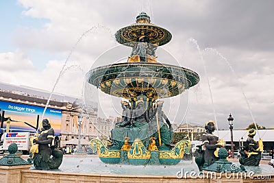 Fountain of River Commerce and Navigation in Place de la Concorde in the center of Paris France, on a summer day, with drops of Editorial Stock Photo