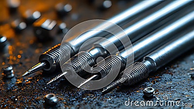 Close-up of four precision metal tools with threaded ends and sharp points, resting on a dark metallic surface scattered with Stock Photo