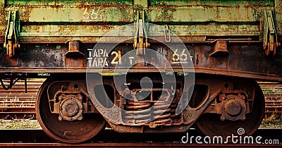Close up fragment of old rusty train cargo wagon Editorial Stock Photo