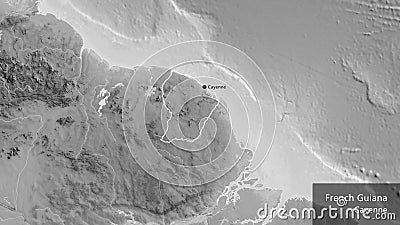 Shape of French Guiana. Outlined. Grayscale. Labels Stock Photo