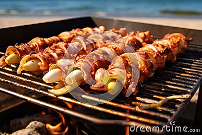 close-up of fresh calamari on a beach bbq grill Stock Photo