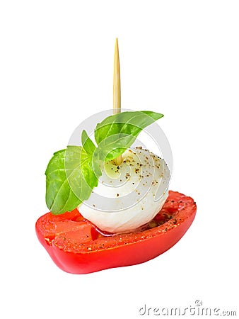 Close-up of fresh caprese skewer with mozarella and tomato isolated on withe background. Healhy mediterranean cuisine and Stock Photo