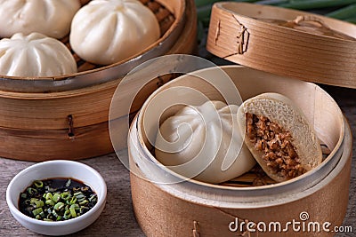 Close up of fresh delicious baozi, Chinese steamed meat bun Stock Photo