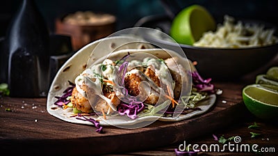 Close up of fresh fish tacos with coleslaw, avocado, salsa in a flour tortilla. generative AI Stock Photo