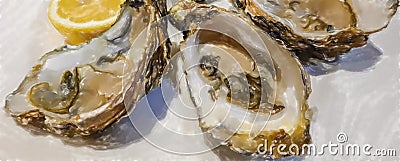 watercolor illustration, Close-up of fresh opened oysters Cartoon Illustration