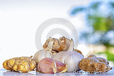 Fresh garlic and ginger roots isolated on white. Stock Photo