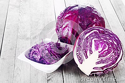 Close up Fresh Purple Cabbage on Wooden Table Stock Photo