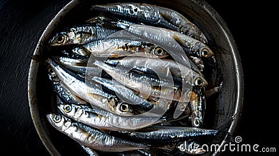 Fresh sardines neatly arranged in a round tin on a dark background. Ideal for culinary arts and seafood themes. A high Stock Photo