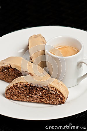 Close up of freshly baked coffee chocolate biscotti with carmel glaze Stock Photo