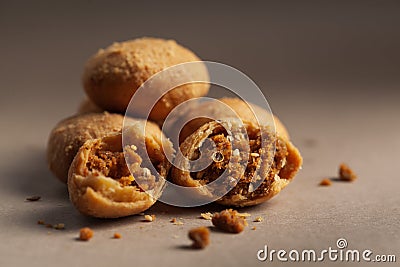 Close-up of freshly baked spicy Dry kachori or crunchy balls filled with spicy dry chutney traditionally authentic Rajasthani and Stock Photo