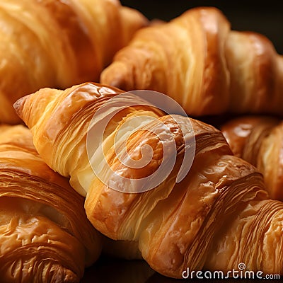 Close-up of freshly baked tasty croissants as background, placed in rows on a black tray. Food concept. Warm Fresh Buttery Stock Photo