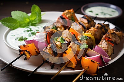 close-up of freshly grilled yogurt marinated kebabs on a plate Stock Photo