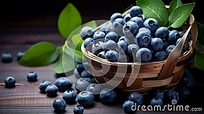 close-up freshly picked blueberries and blueberry leaves in a basket on a wooden table, Stock Photo