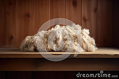 close-up of freshly sheared wool on a wooden table Stock Photo