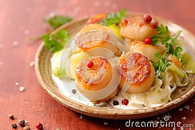 Fried scallop with sauce Stock Photo