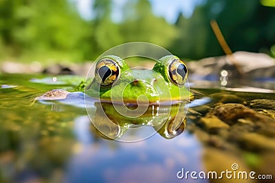 close-up of a frog in a polluted pond Stock Photo
