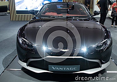 Thailand - Dec , 2018 : close up front view headlights of Aston Martin Vantage super sports car presented in motor expo Nonthaburi Editorial Stock Photo